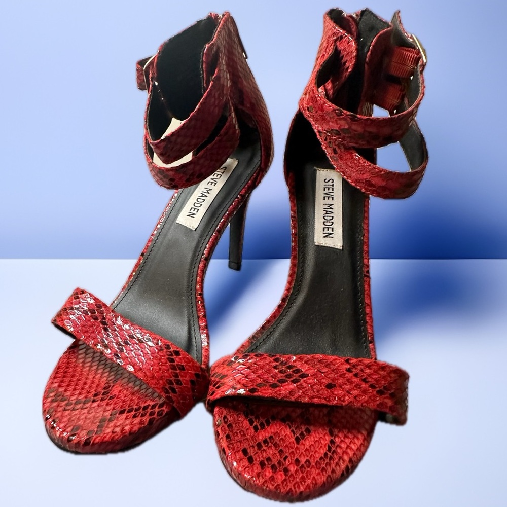 Steve Madden red snake skin heels, size 7.5, gold buckles, 4 inch heels